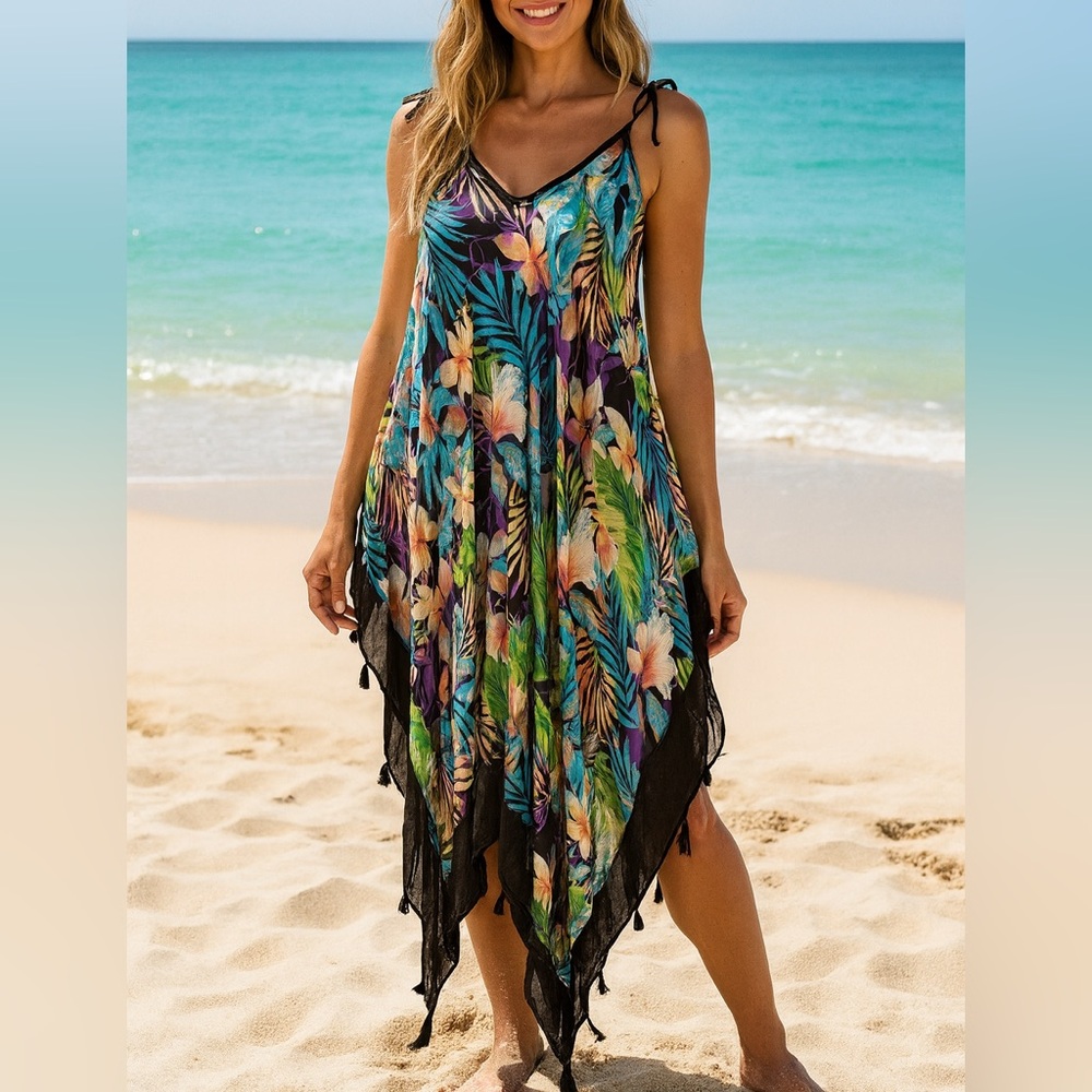 Vince Camuto Tropical Palm Handkerchief Hem Tassel Cover Up Dress One Size - Picture 9 of 9